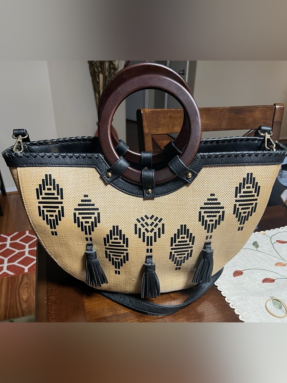 Woven Tassel Tote Bag with Wooden Round Handles - Black and Tan